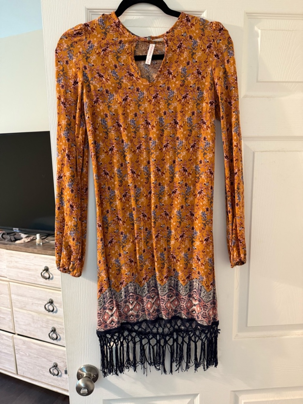 Xhilaration Mustard Floral Long Sleeve Dress with Black Fringe